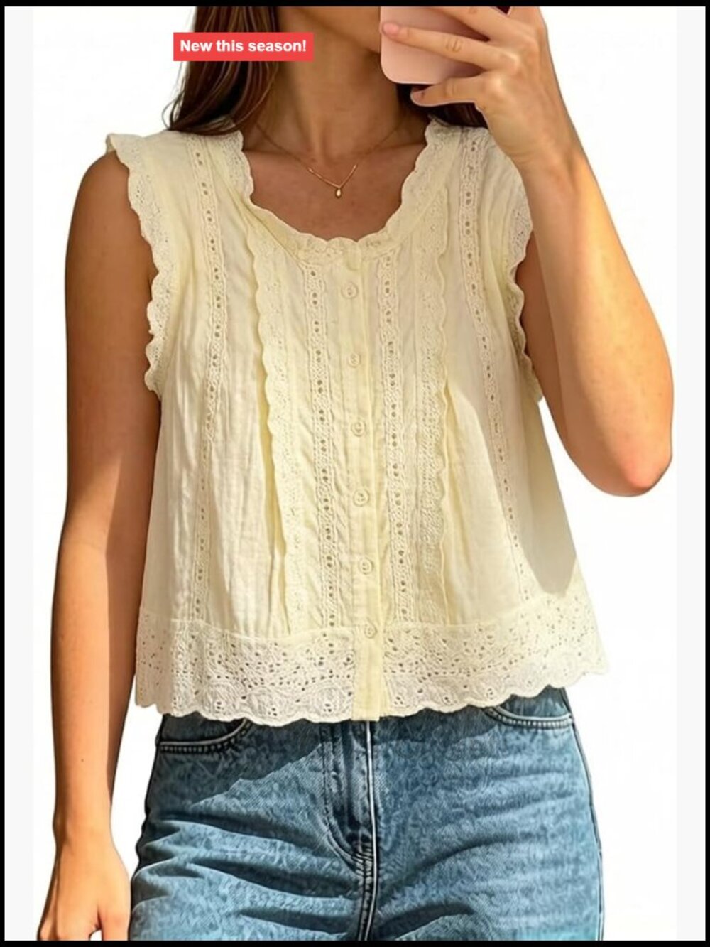 Women's Eyelet Lace Trim Cami Top Square Neck Button Front Peplum Tank Top Y2K